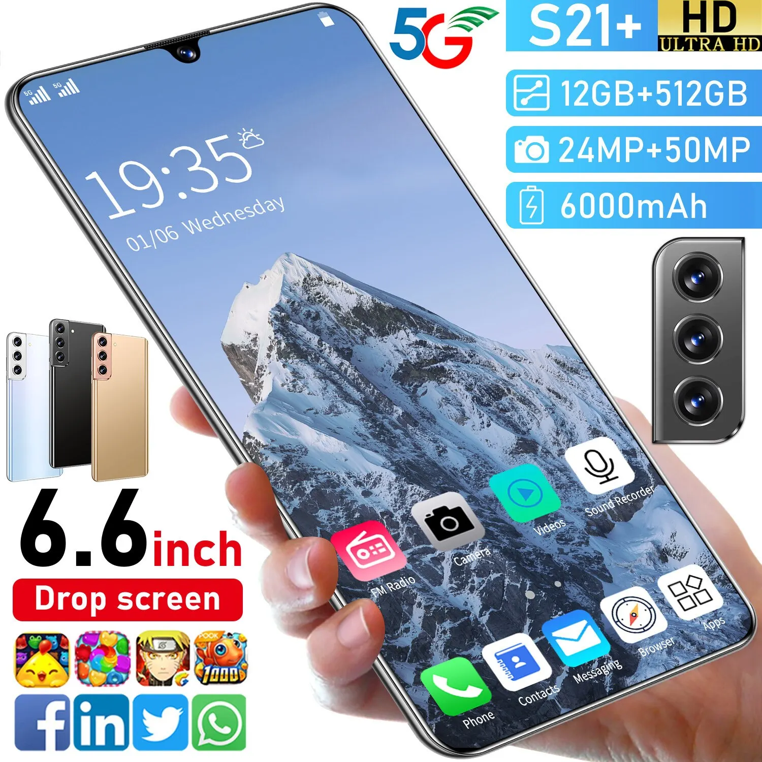 

S21 + Android Smart Phone 6.6 Inch Drop Screen 10 Core Face Id Mtk6889 Global 5g Lte Cell Phone