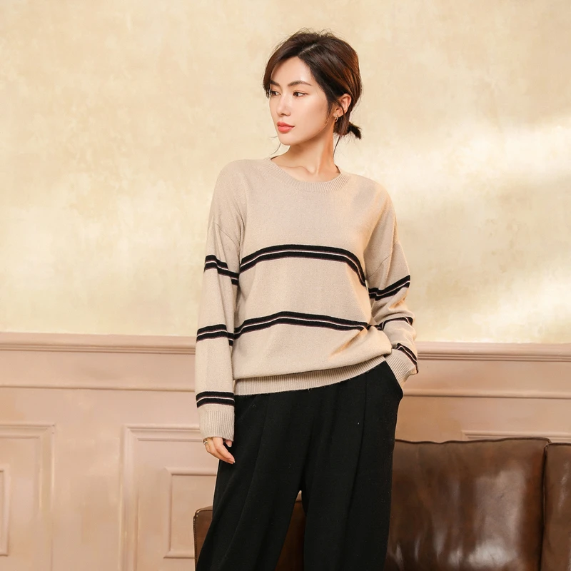 Женский свитер высокого качества 100% кашемировый вязаный теплый полосатый с