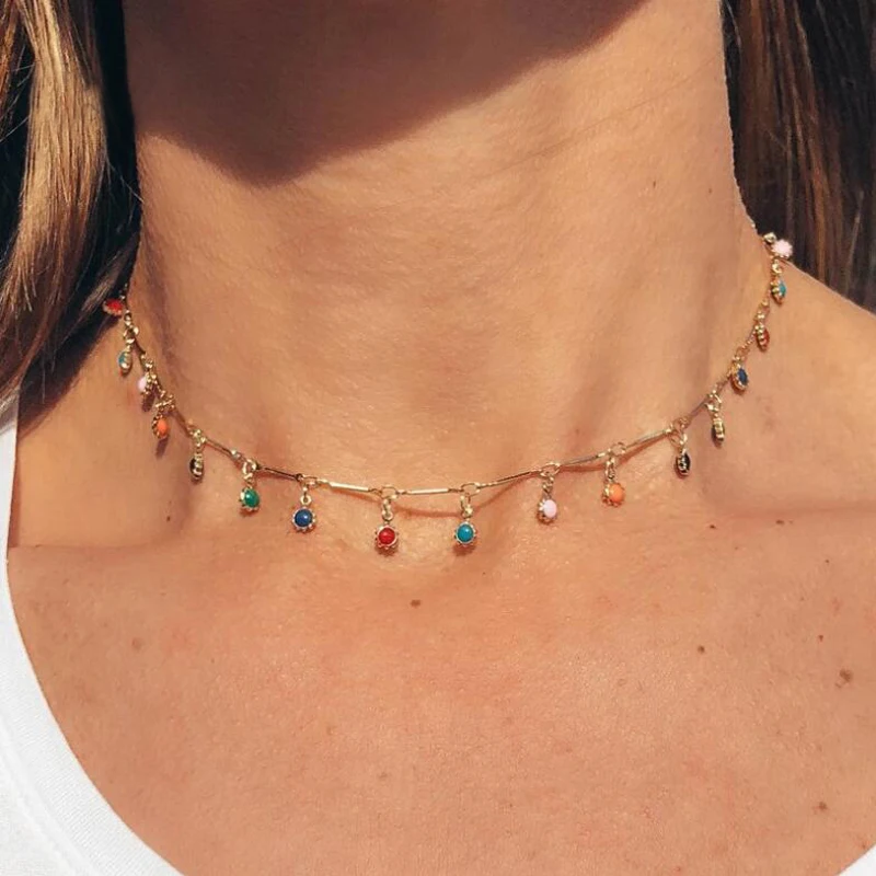 

Bohemian Gold Chain Necklace For Women Single layer Necklaces Colorful Stone Chains Chockers Handmade Party Jewelry Gifts