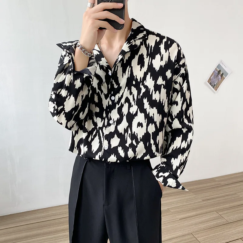 

Мужская одежда, новинка 2021, Мужская Осенняя Свободная рубашка с отложным воротником и узором, Мужские гладкие рубашки с длинным рукавом для ...