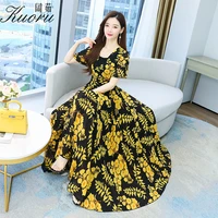 summer dress vintage elegant floral yellow tunics v neck maxi women dresses 2022 vestidos de verano clothes for vestido mujer