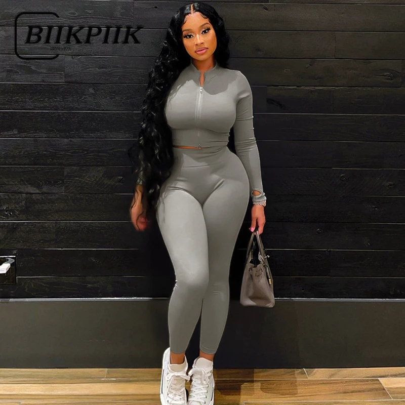 

Женский Повседневный костюм BIIKPIIK, осенний комплект из 2 предметов, куртка на молнии с длинным рукавом и леггинсы, комбинезон для занятий спо...