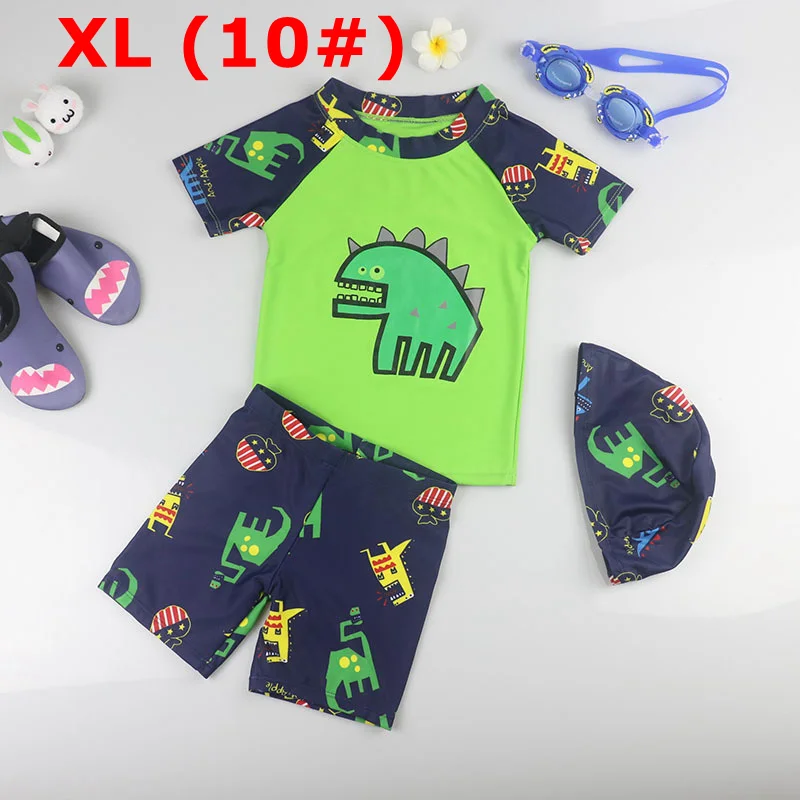 GREEN XL Boy Baby Swimwear Dinosaur Swimming Suit for Boys Short Sleeves Toddler Kids Children's Swimwear Beach Clothes Bathing Suit 3pcs - Цвет: GREEN XL