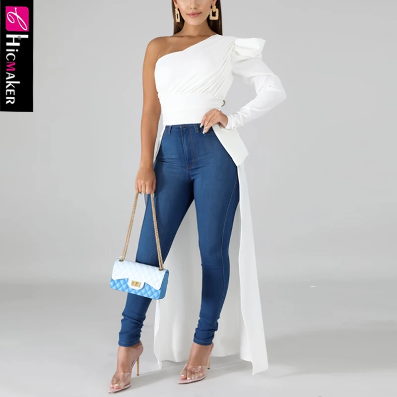 Женская блузка на одно плечо повседневная однотонная белая с длинным рукавом