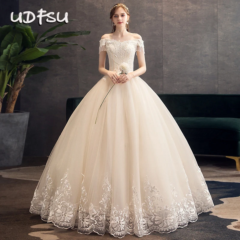 

UDFSU Women Boat Neck Vintage Tulle Princess Wedding Gowns Elegant Floor Length Lace Ball Gown Simple Appliques Wedding Dresses