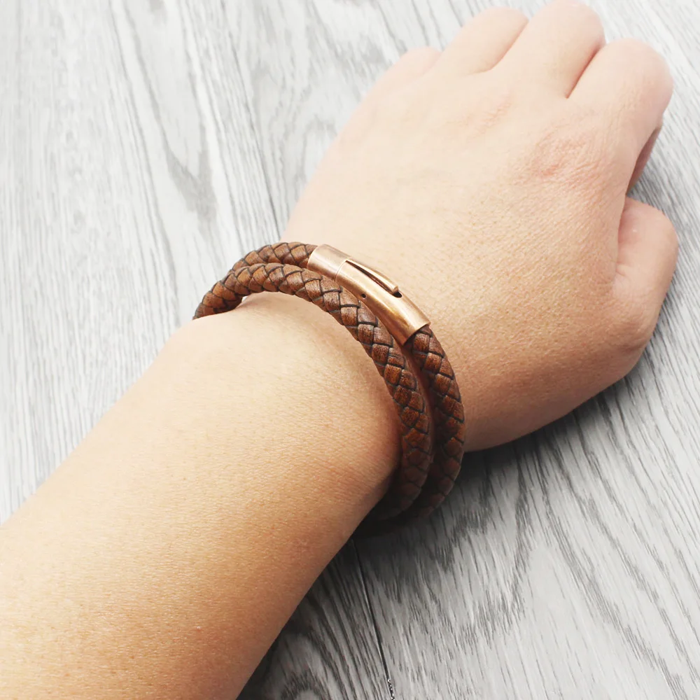 FIREBROS Ancient/Red Bronze Stainless Steel Magnetic Clasp Vintage Brown Multilayer Braided Genuine Leather Bracelet Men Jewelry | Украшения