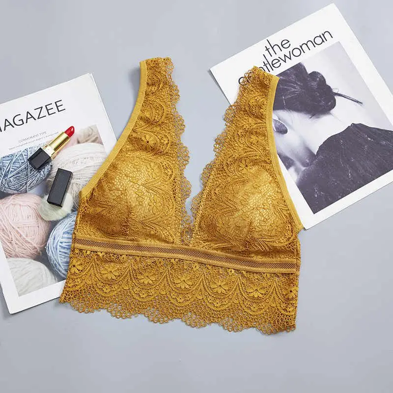 

Bra Women Bralette Deep-V Breathable Sexy Lace Padded Solid Color Lingerie Wire Free Jacquard Bra brasier mujer