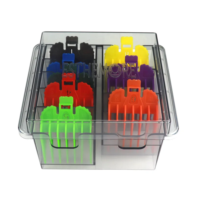

8PCS Colorful Limiting Comb Professional Cutting Guide Comb Hair Clipper Limit Comb Box Packing 1.5/3/4.5/6/10/13/19/25mm Y0424