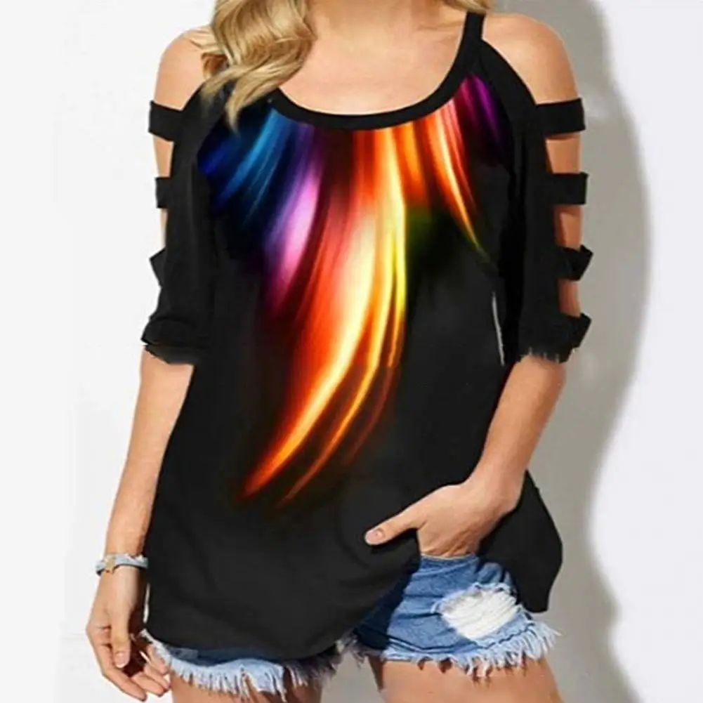 Модная женская футболка с принтом блузка открытыми плечами и коротким рукавом