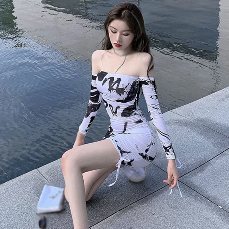 

Women's Fashion Tie-dyed Off Shoulder Sexy Tight Strapless Long-sleeved Dress
