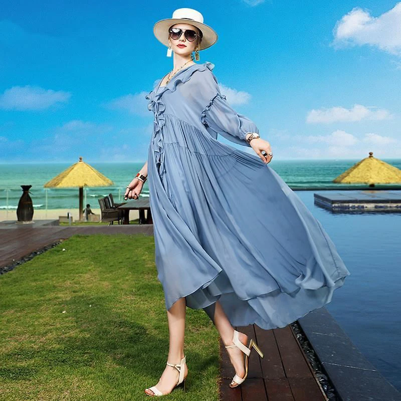 

Holiday Style Solid Color Irregular Women Dress Casual V-Neck Mid-Calf Summer Dress Lantern Sleeve Female Cloth With Belt