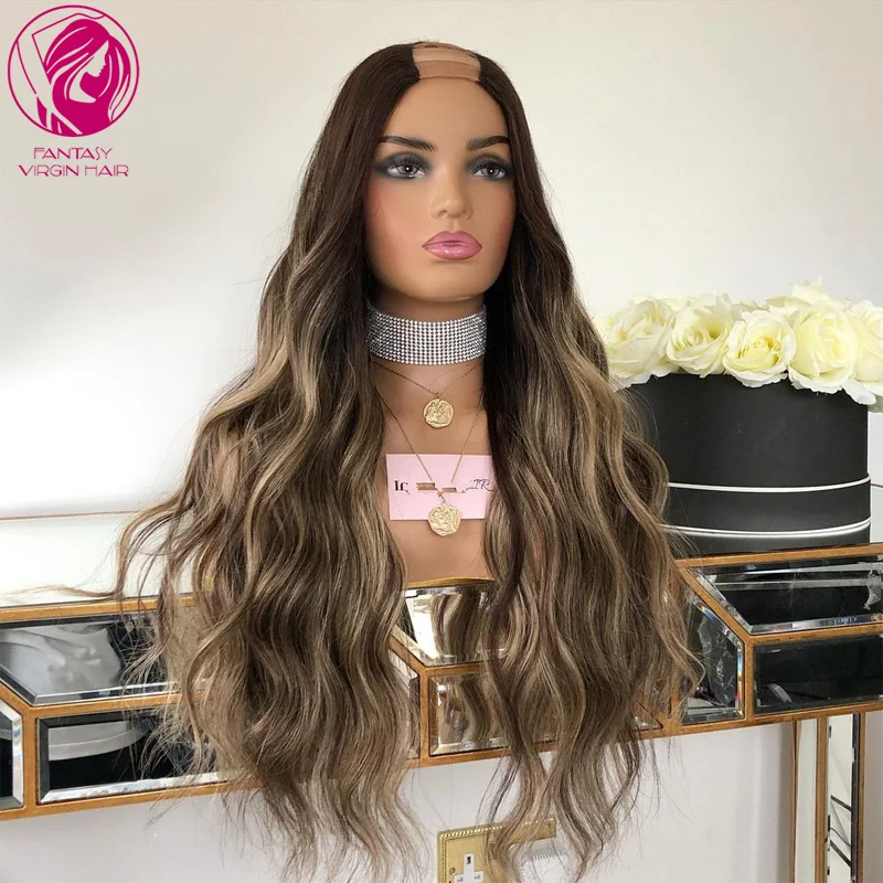 Human Hair Wig Caramel Honey Blonde Balayage 2x4 U Part Wigs Brazilian Water Wave Remy Hair Machine Made 150% 180% 30inchs Long