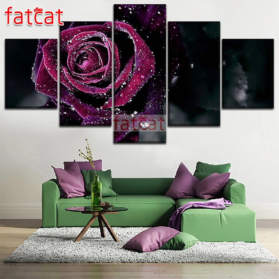 FATCAT, 5 piezas, Diy, pintura de diamantes, rosas, flores, bordado de diamantes redondos cuadrado completo, venta de costura, decoraci&oacute;n del hogar AE1547-0