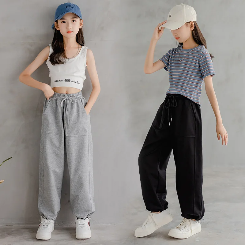 

Girls Sport Pants 2021 Summer New Children Trousers Cotton Sweatpants Girl Bottoms Clothes 6 8 10 12 16 Years Kids Harem Pants
