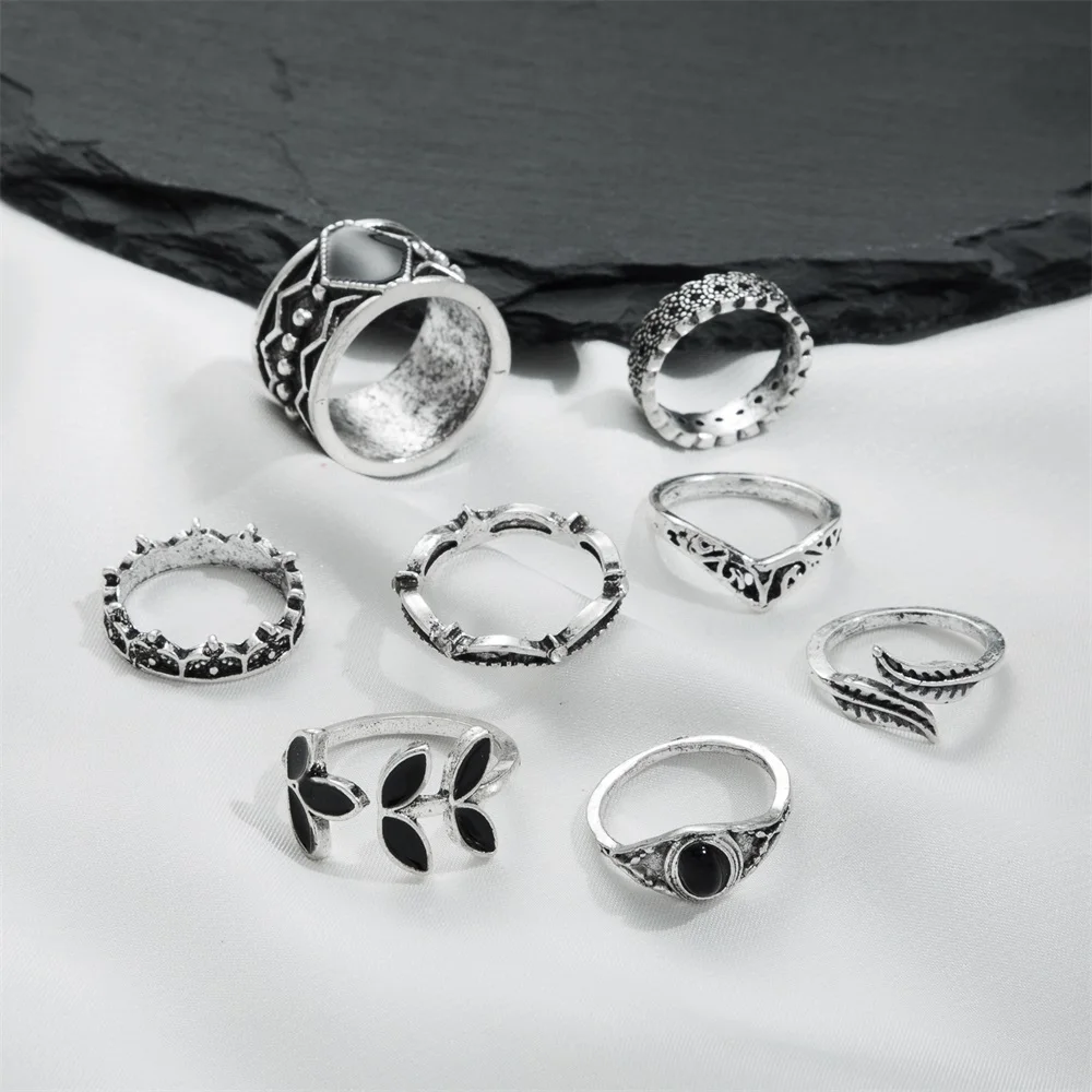 KISSWIFE Vintage Silver Color Rings Set For Women Men Leaves Crystal Black Stone Geometric Rings Fashion Jewelry