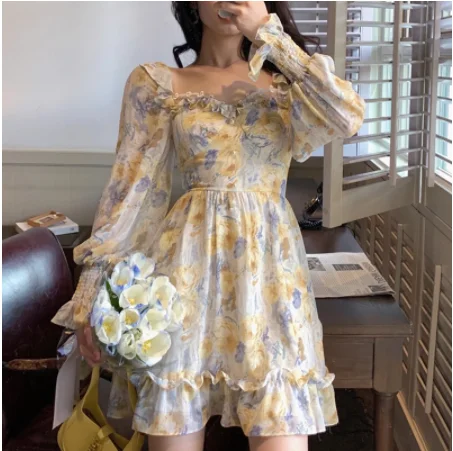 

French Style Vintage Floral Print Puff Sleeve Chiffon Boho Dress Casual Holiday Lady Party Yellow Oil Painting Vestidos