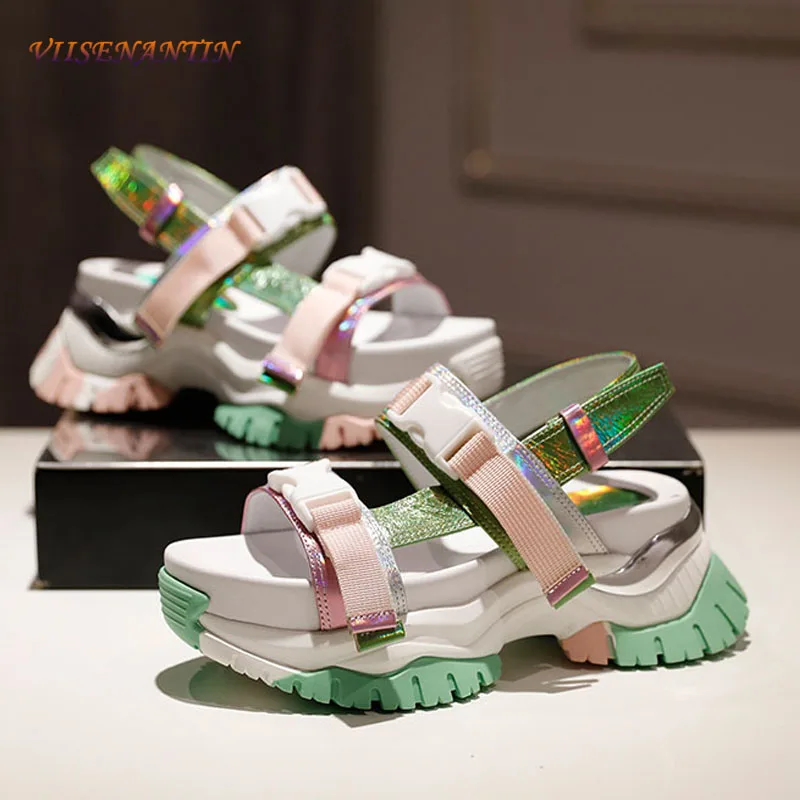 

Summer new leather all-match hollow mixed color thick-soled sandals women's open-toe increase trend sandals