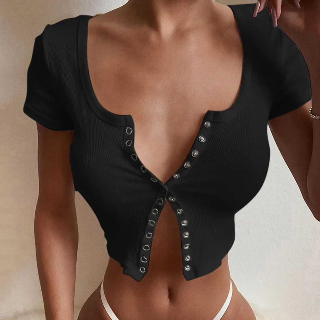 

Summer 2020 Womens Solid Colors Short Sleeve Crop Top Sexy Ladies V Neck Stretch Plain Ribbed Button Bodycon Slim Blouses #p3