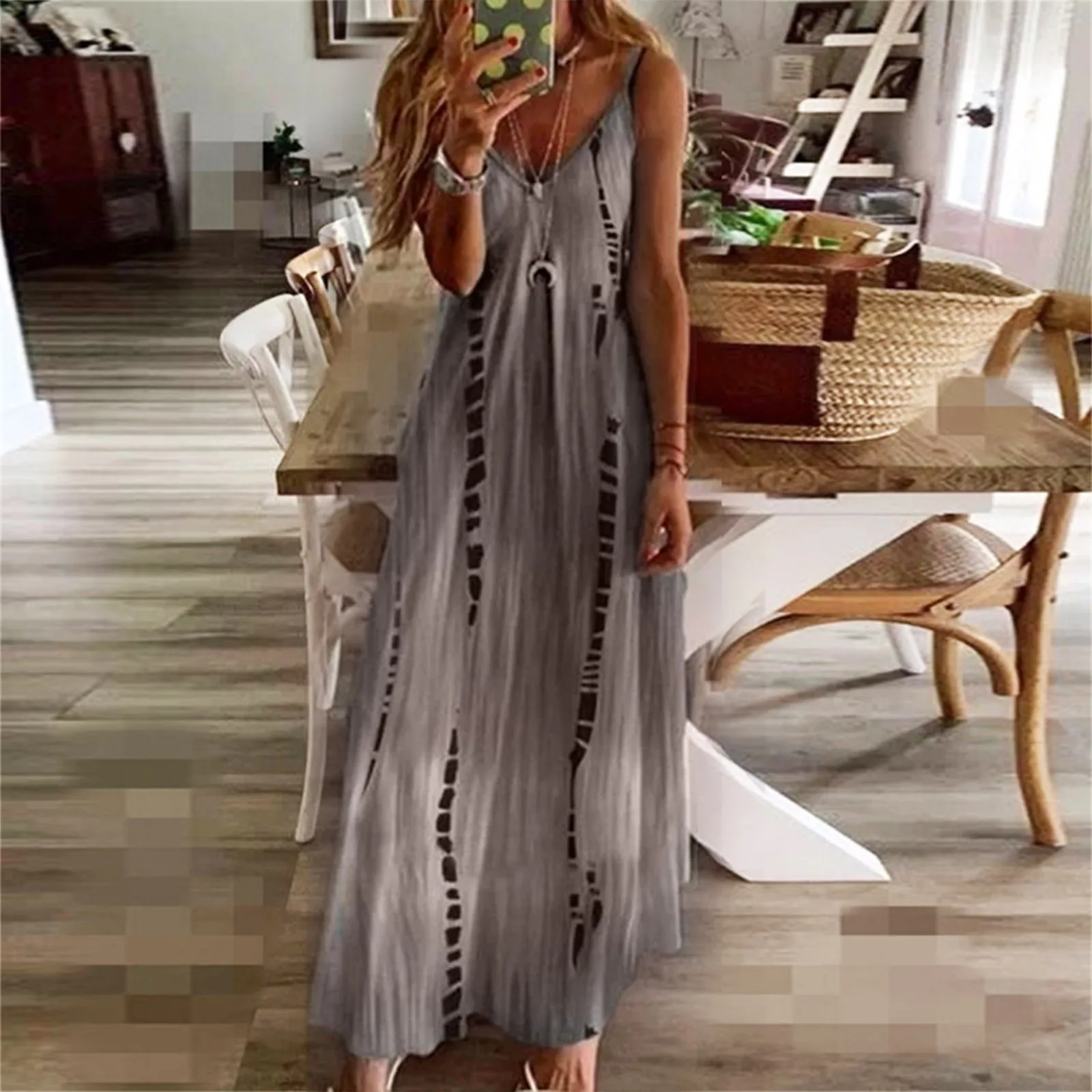 Летнее платье 2021 женское Длинное нарядное с тропическим принтом лямкой на шее