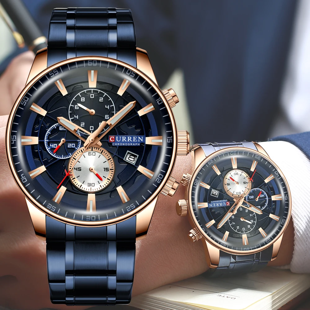

CURREN Watches Mens Fashion Sports Wristwatch with Chronograph Luminous hands Clock Male Watch Blue Stainless Steel Band
