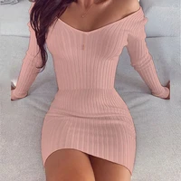 2021 white knitted sweater off shoulder dress sexy club bodycon skirt party long sleeve dresses mini woman dresses pink robe