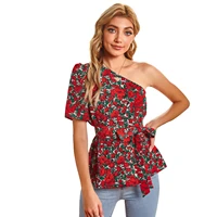 womens slant shoulder red print holiday casual top 2021 summer new