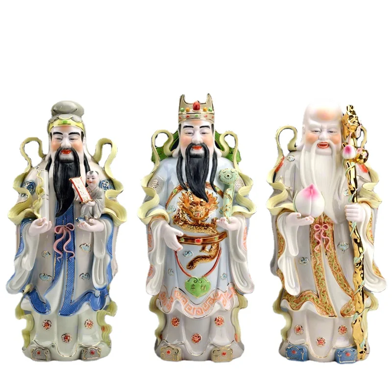 

Handmade Ceramic Three Stars of Luck, Prosperity and Longevity Decoration God of Wealth Chinese Living Room Home Decoration