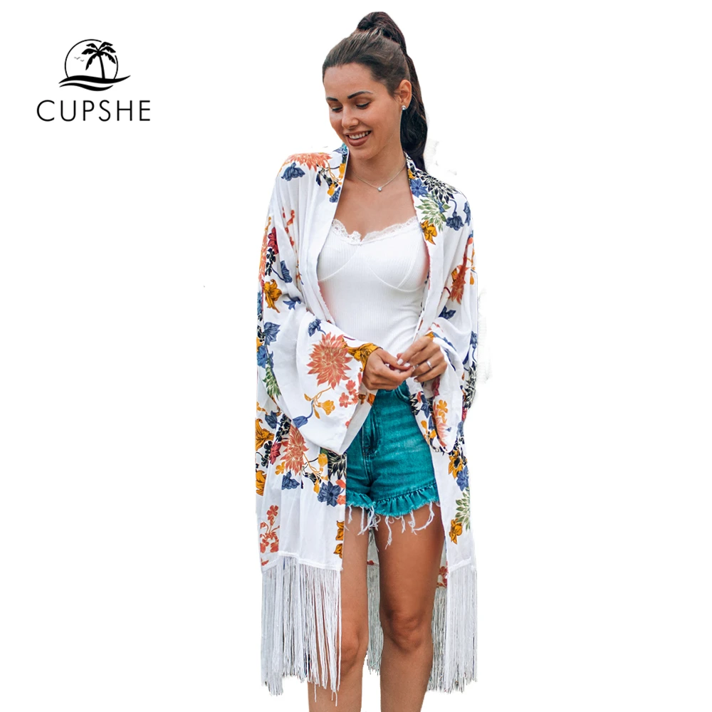 CUPSHE Boho Цветочный Принт бахрома миди бикини накидка сексуальный длинный халат