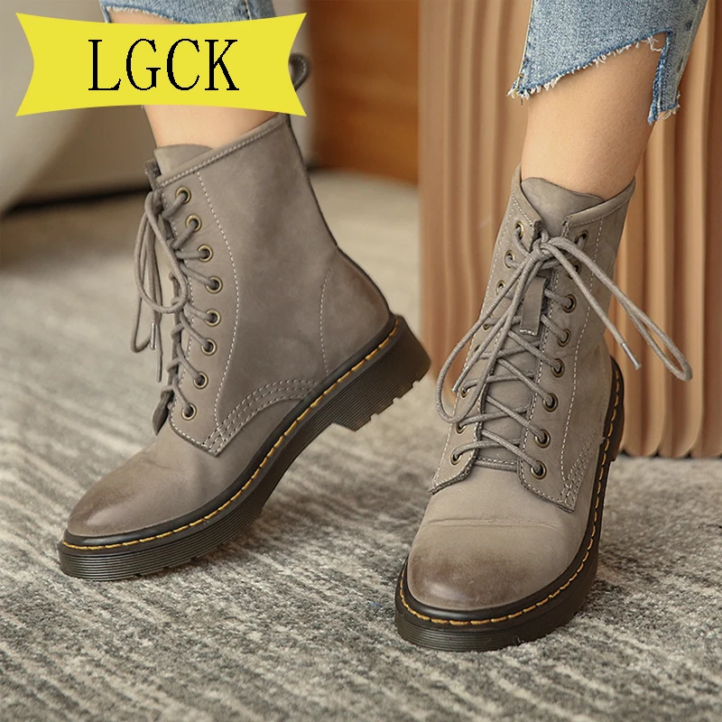 

Plus Size 34-39 Genuine Leather Black Ankle Boots Women Autumn Winter Round Toe Lace Up Shoes Woman Fashion Motorcycle Platform
