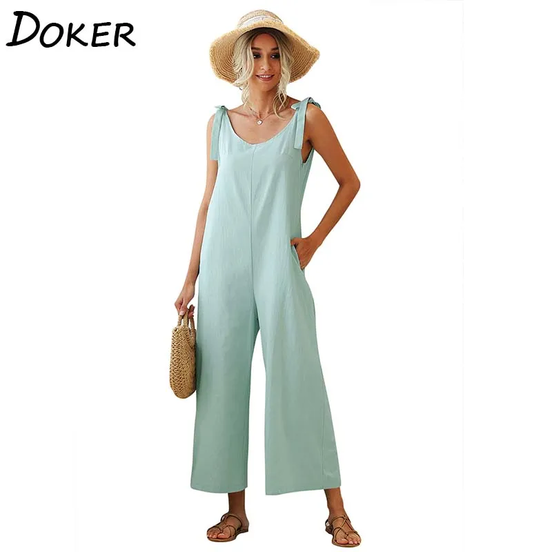 

Female Summer Jumpsuit Sleeveless Bow Loose One-piece Wide Leg Pants Solid Color Female Jumpsuit Mono Sexy Women Jumpsuit