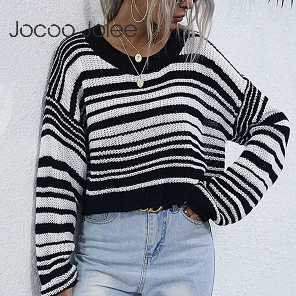 

Jocoo Jolee Casual O Neck Loose Sweater Elegant Vintage Striped Pullover Harajuku Oversized Jumpers Autumn Knitting Cropped Tops