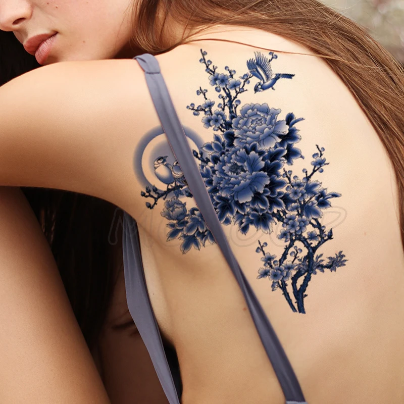 Пион цветок с изображением птиц на ветках луна татуировки наклейки Женщины тело