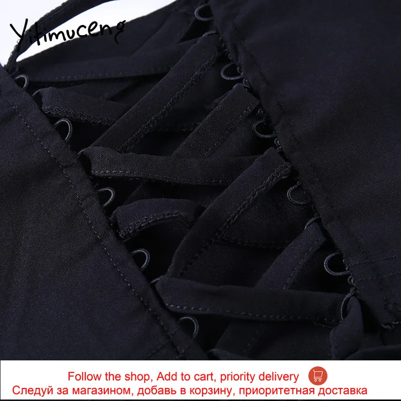 

Yitimuceng Woman Tshirts Bandage Black Puff Sleeve Spring Autumn 2021 Long Sleeve Square Collar Sexy Tops New
