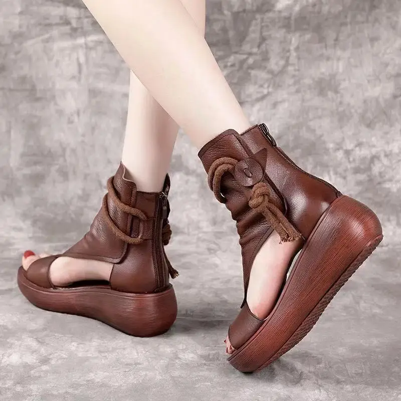 

2021 Women Summer Sandals Mid Heels Wedges Shoes Ladies Vintage PU Leather Plus Size Sandalias Mujer Sapato Feminino