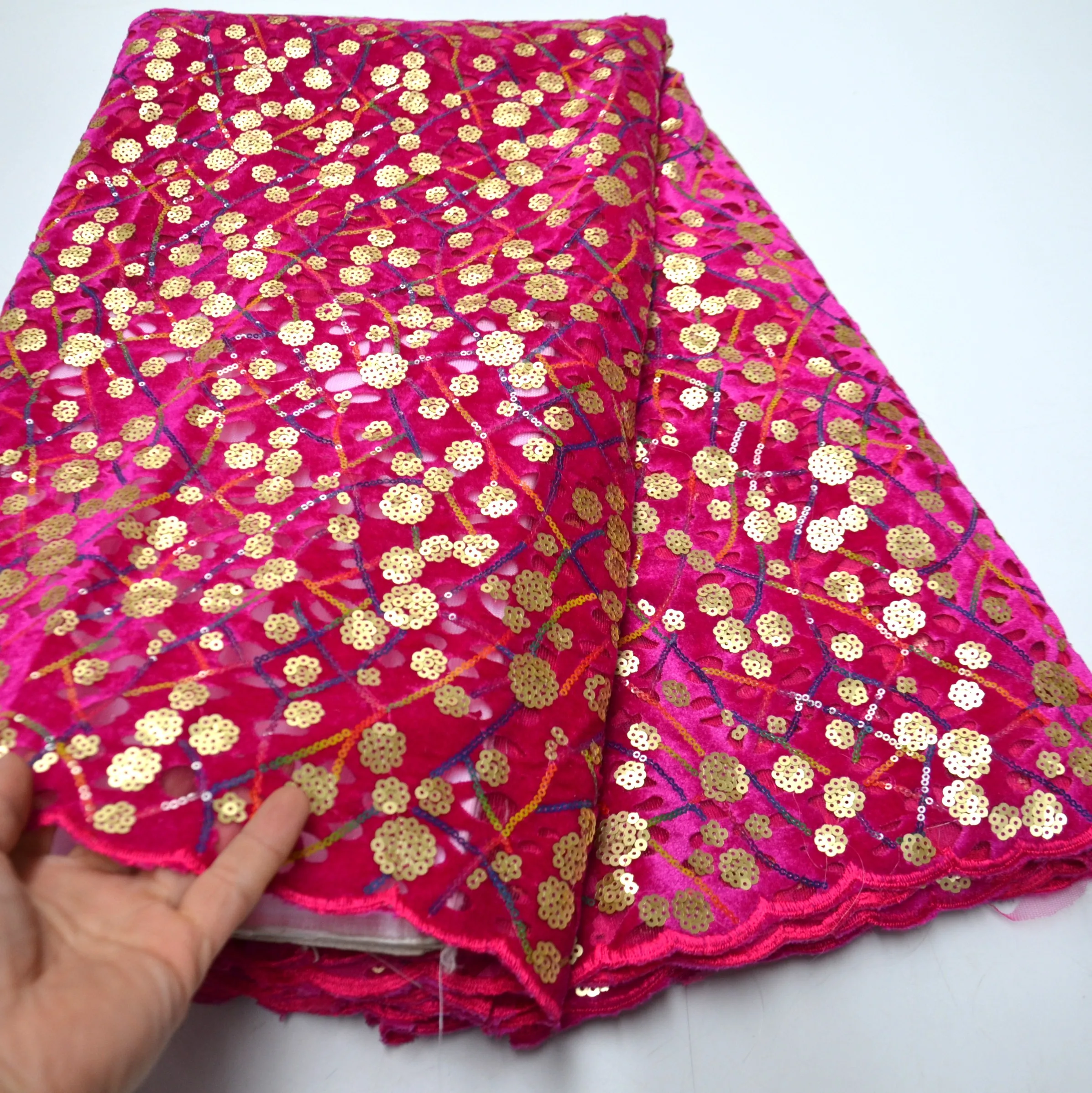 

High quality african french velvet net embroidery lace fabric with colorful Sequins Tulle Lace Fabric for wedding -S170533
