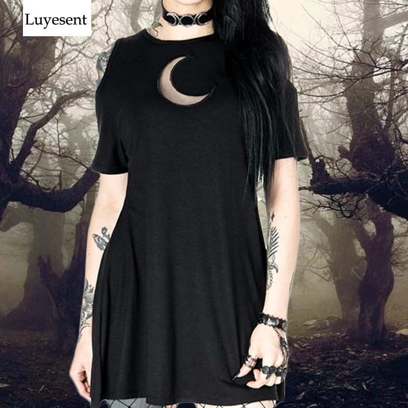 Black Goth Woman Cool Dress 2020 Lady Gothic Pleated Off Shoulder Transparent Crescent Hip-pop Punk Basic Rock Mini Hot Dresses | Женская