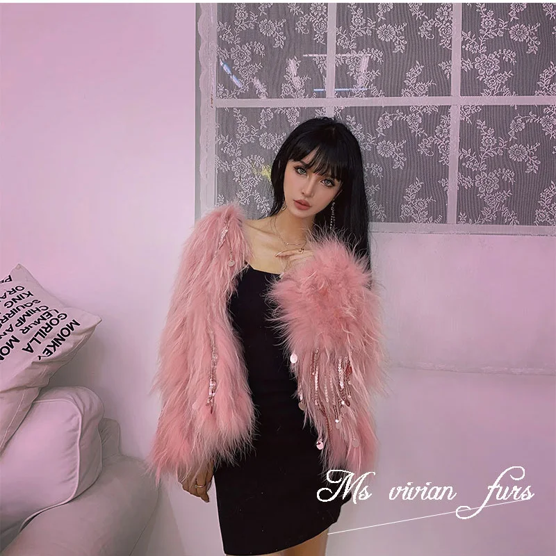 RosEvans Ins Elegant Real Import Raccoon Woven Fur Jacket Female Women Coat and Jackets 2020 New Fox Fur Sequins Tassel High End