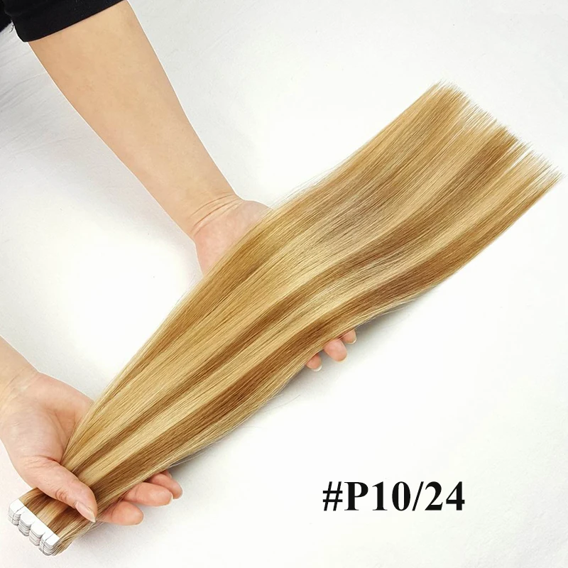 Color P10-24 ShowCoco ленты в Пряди человеческих волос для наращивания дважды обращается Салон Качество Девы выравнивание кутикулы двусторонняя клейкая Синий PU касета ons - Цвет: Color P10-24