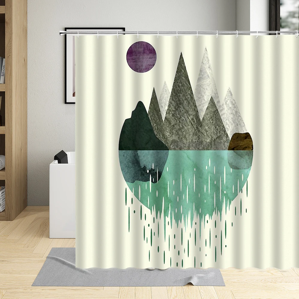 Mountain Inverted Shadow Shower Curtain Water color Painting Moon Tree Bathroom Home Decoration With hook Waterproof Washable