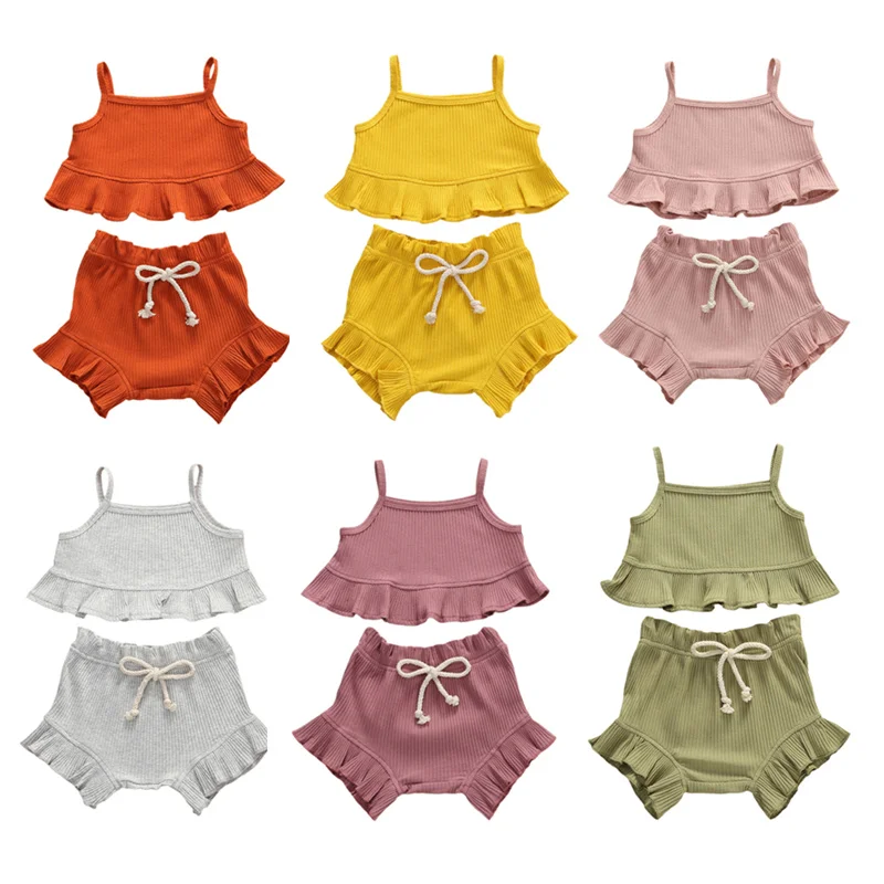 

0-24M NEW Summer Baby Girls Clothing Infant Newborn 2Pcs Set Outfits Striped Solid Clothes Vest Ruffled Crops Top PP Shorts