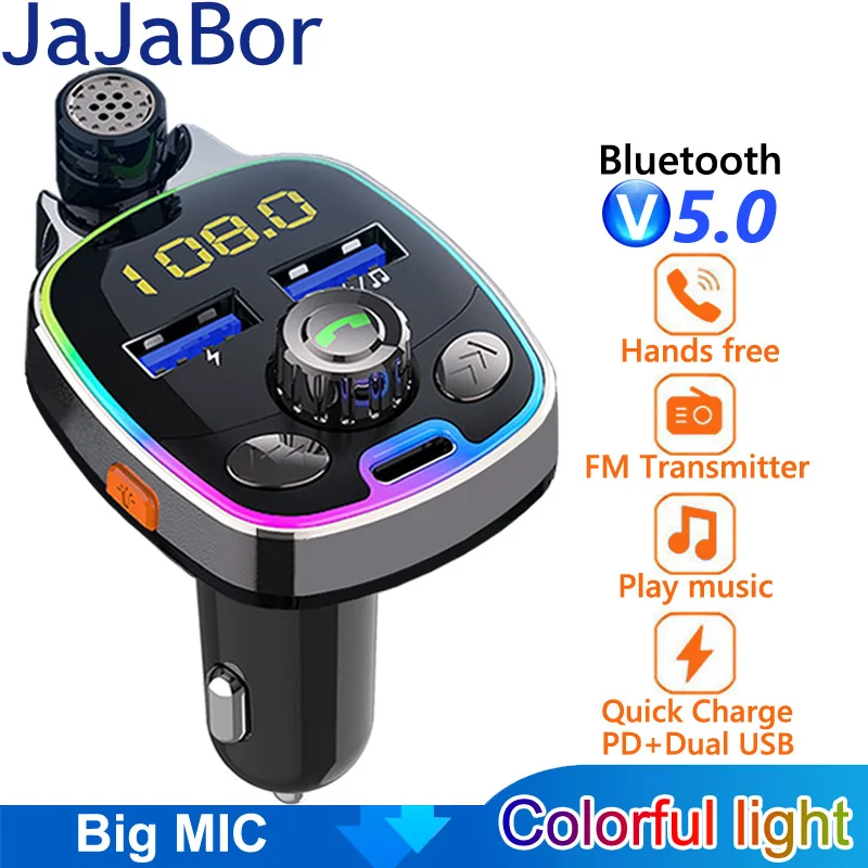 JaJaBor FM передатчик внешний микрофон двойной USB PD Тип C быстрая зарядка автомобильное зарядное устройство Bluetooth 5,0 Handsfree автомобильный FM модулятор - изображение