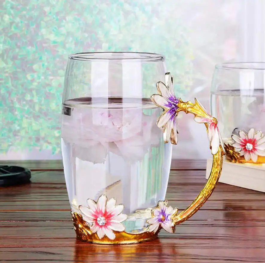 1 cup Ручная работа, эмалированная Цветочная стеклянная чашка, кофейная кружка, Ароматизированная чайная кружка, молочная чашка для лимонного сока, стеклянная Подарочная кружка для влюбленных, парная кружка, Прямая поставка - Цвет: 1 cup