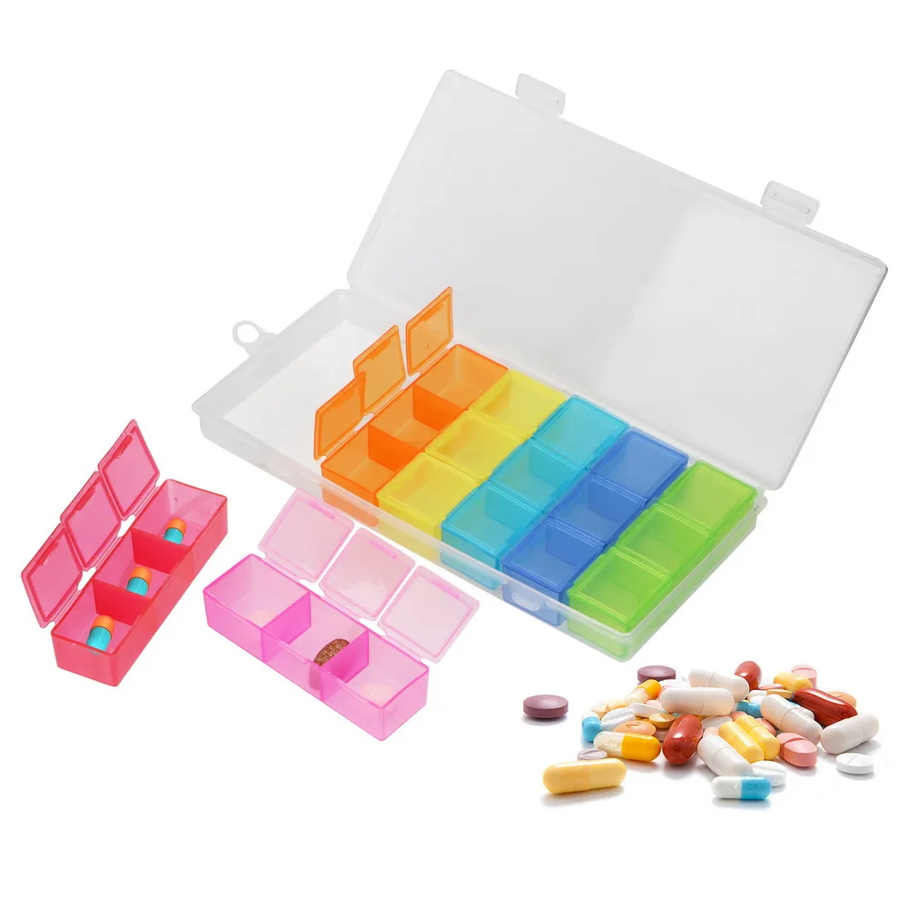 

HOOMIN 21 Grids Plastic Nail Art Case Box Jewelry Storage Case Storage Box 7 Day Medicine Drug Pill Organizer