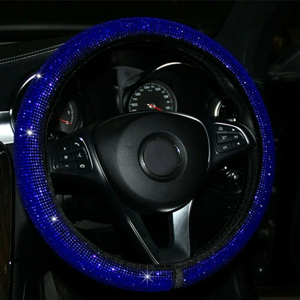 

14.5-15\\\" Steering Wheel Universal Car Accessories Black Plush Bling Blue