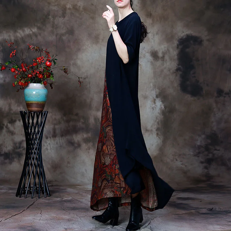 Женское платье в стиле пэчворк Johnature асимметричное из модала с круглым вырезом и