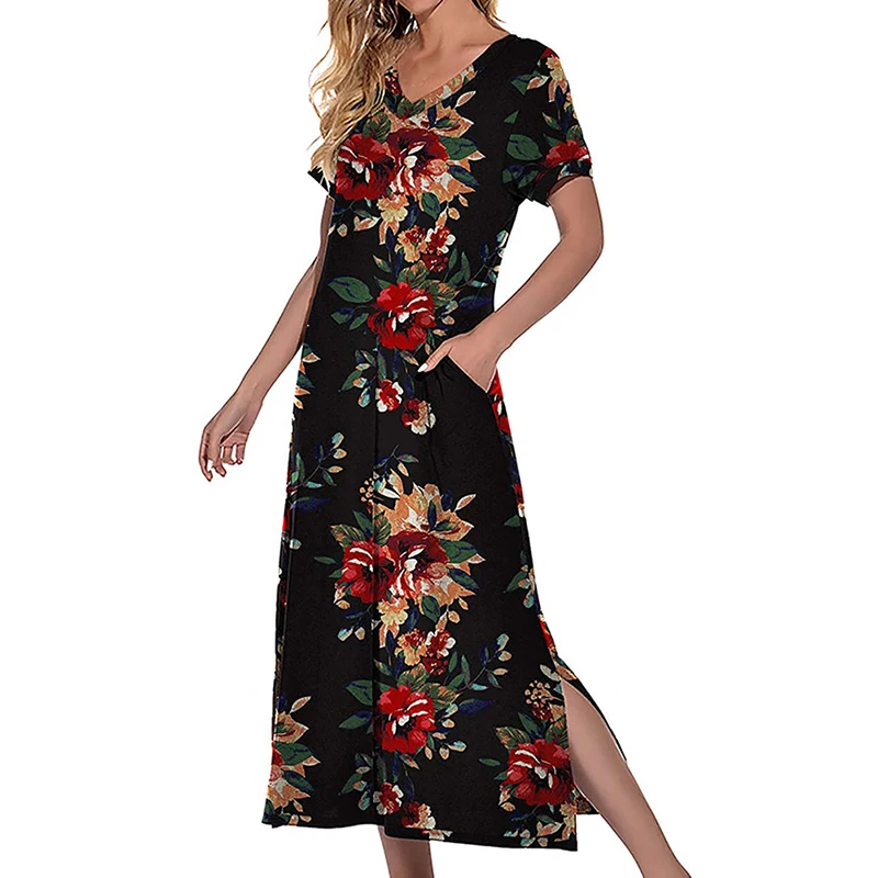 

Womens Long Nightgown Short Sleeve Floral Print Nightshirt V-Neck Soft Loungewear Casual Leopard Sleepwear with Pockets ASDXZQ1