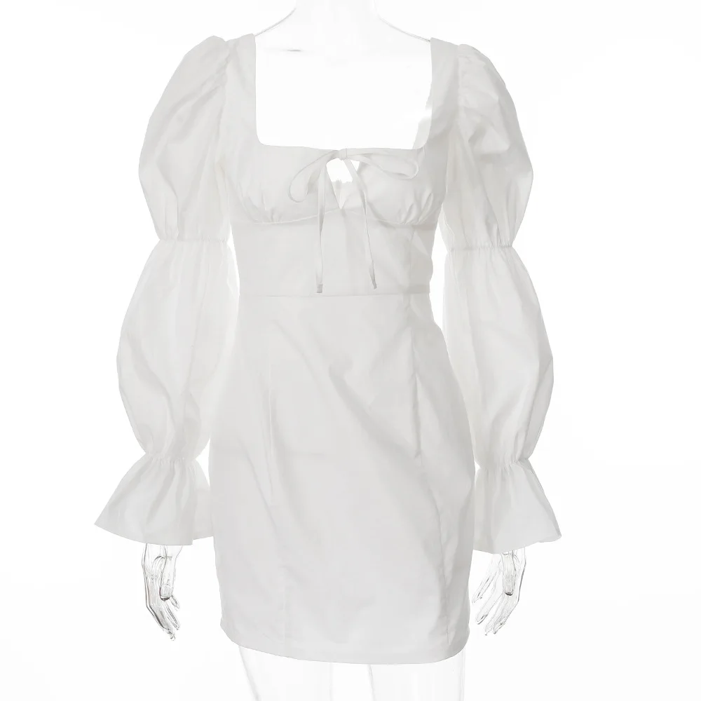 

Autumn Solid White Long Petal Sleeve Bodycon Dress Women Puff Sleeve Front Lace Up Mini Dress Sexy Party Club Dress Vestidos