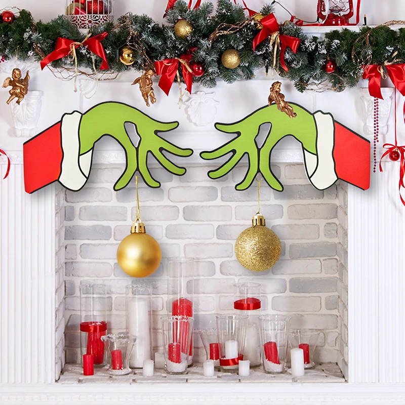 Wood Christmas Thief Hand Cut Out Grinch Hands Decorations Wooden Wall Decal Stickers Decor For Window Fireplace Xmas Supplies