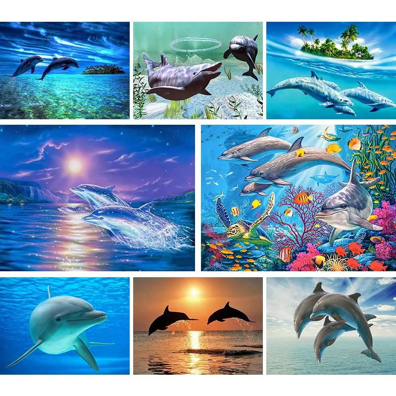 

Камни в форме ромба 5D DIY алмазная живопись пара дельфинов полный набор для рисования с круглыми камнями и полотном с вышивкой в виде животны...