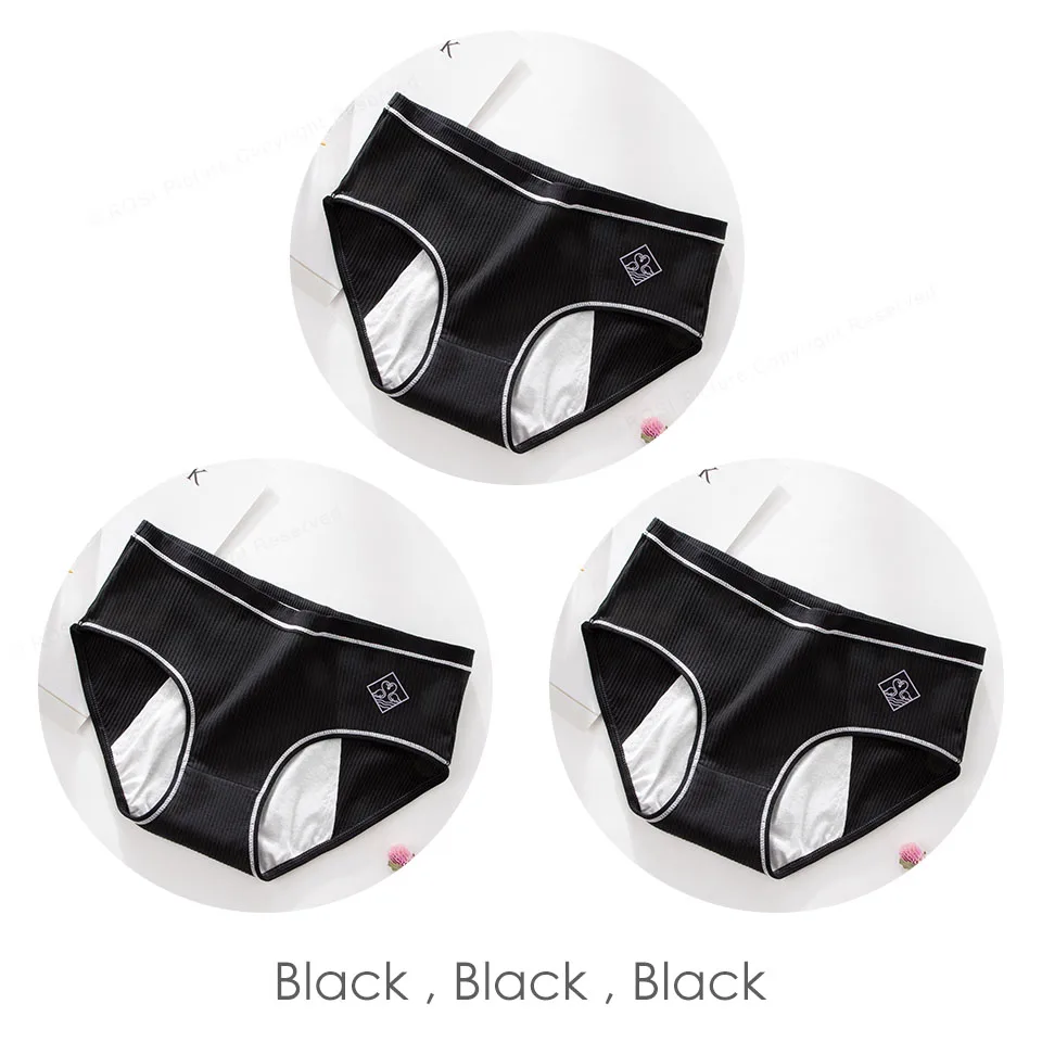 Black 3pcs 3 шт., женские менструальные трусики, герметичное физиологичное нижнее белье, ребристые трусики, хлопковые однотонные непромокаемые трусы для девочек ROSI - Цвет: Black 3pcs